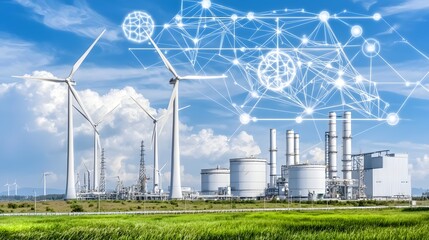 Innovative AI powered renewable energy command center overseeing a futuristic cyberpunk inspired landscape of wind turbines solar panels and hydrogen fuel cells © watchirachat