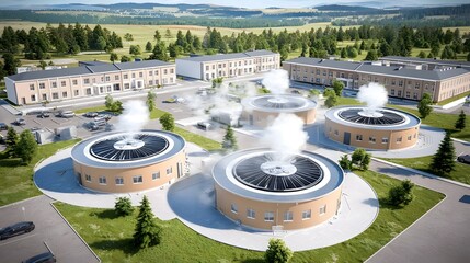 Fototapeta premium Innovative architectural design featuring autonomous AI controlled air circulation grids that utilize renewable energy sources to enhance the fresh air supply in high density urban environments
