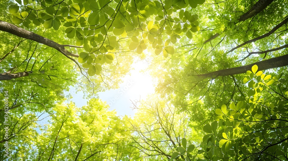 Poster lush verdant forest canopy with a pattern of overlapping green leaves filtering soft dappled sunligh