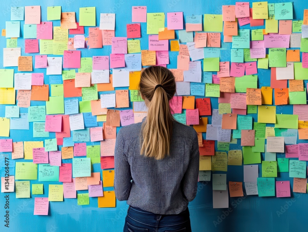 Aufkleber woman standing in front of wall covered with colorful sticky notes reflecting creative ideas and pro