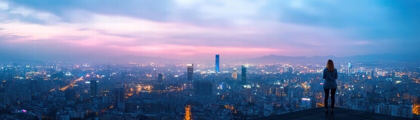 Fototapeta premium Woman enjoying breathtaking cityscape view at night from rooftop with illuminated buildings and urban lights below