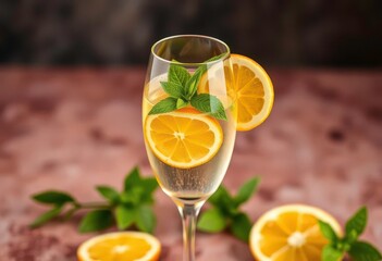 Fototapeta premium Elegant champagne flute with citrus slices & mint garnish, aperitif, liquor