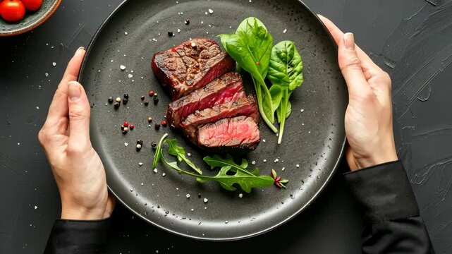Hands present a delicious steak dish garnished with fresh arugula and spinach, highlighting a gourmet culinary experience