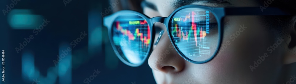 Poster a woman in glasses with a stock chart in the background signifying market trends and financial decis