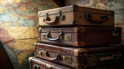 A close-up of vintage suitcases stacked on top of each other with old maps, nostalgic atmosphere. digital
