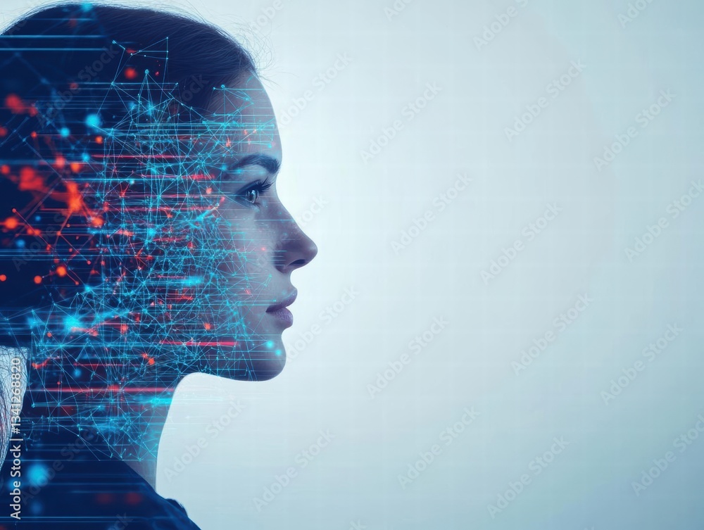 Poster A woman's profile partially covered with a digital interface displaying various technological elements and data