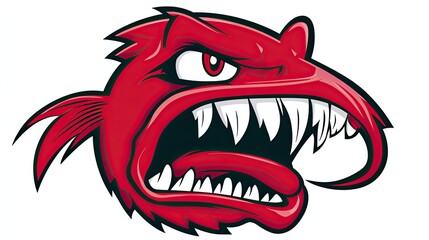 Angry red fish mascot, aggressive pose, white background, logo design