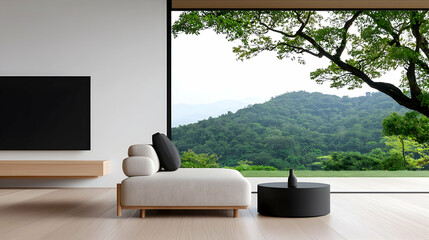Fototapeta premium Modern Minimalist Living Room with Beige Sofa and Mountain View