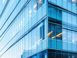 Modern glass office building with reflections of the sky.