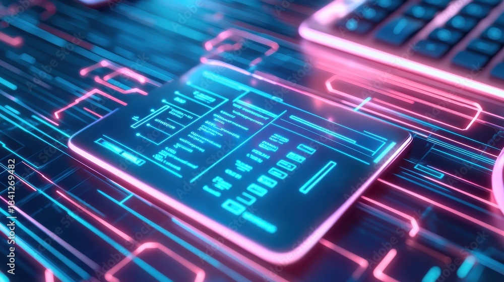 Poster futuristic digital interface with neon lights and circuit patterns