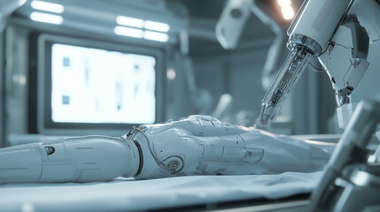Futuristic AI Robot Surgeon in High-Tech Operating Room