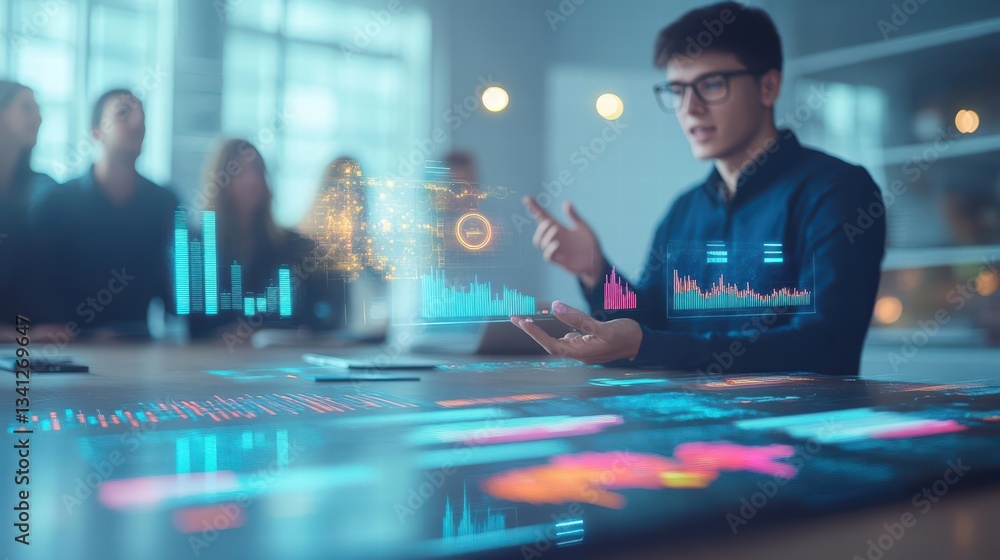 Poster Young man using a digital interface to present innovative ideas and strategies in a professional business setting