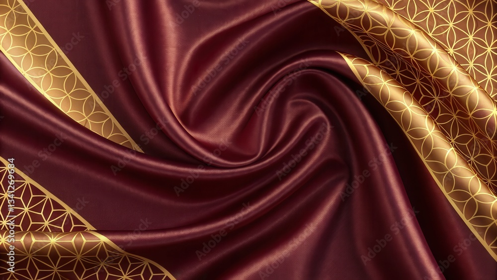 Poster rich burgundy fabric with intricate gold patterns, elegantly draped and textured.