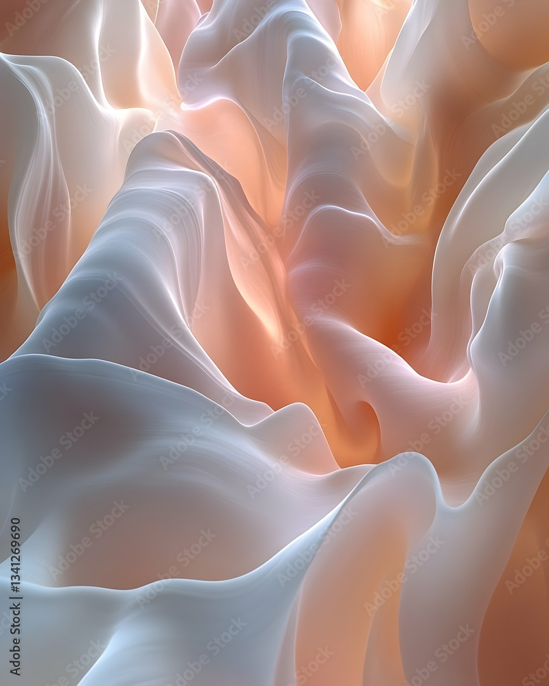 Poster abstract image of flowing, translucent fabric in warm peach and cool white tones, creating a visuall