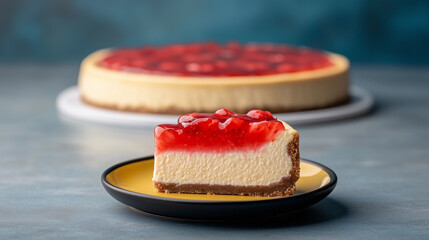 A photorealistic image of a cold cheesecake slice presented on a small, premium dark ecru or yellow dessert plate, positioned perfectly at eye level with a slight profile angle.