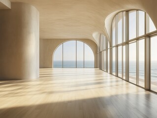 Naklejka premium A large room with a view of the ocean. The room is empty and has a lot of windows