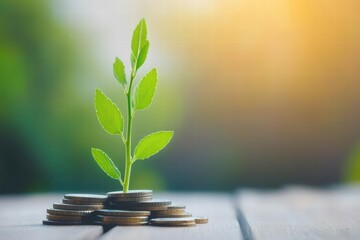 A young plant growing on top of stacked coins representing financial growth and environmental sustainability