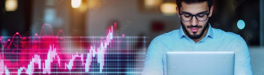 Poster a young professional man working on a laptop in a modern office environment with a focused expressio