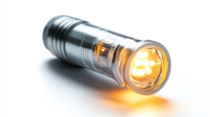 A close-up of a flashlight emitting a warm light, showcasing its design and functionality.