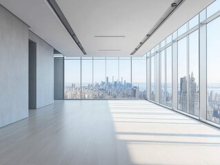 Fototapeta premium A large, empty room with a view of the city. The room is very clean and has a lot of windows