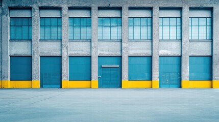 Abandoned industrial building featuring distinctive blue door surrounded by crumbling walls and overgrown vegetation