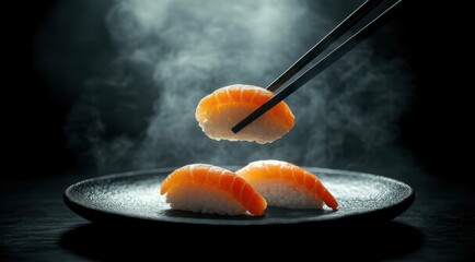 Chopsticks holding a piece of sushi over a smoky dish.