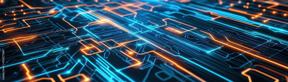 Aufkleber Abstract illustration of a circuit board highlighted with blue and orange lights creating a futuristic technology design