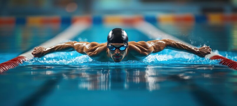 Male swimmer performing butterfly stroke in indoor pool, focused and determined.