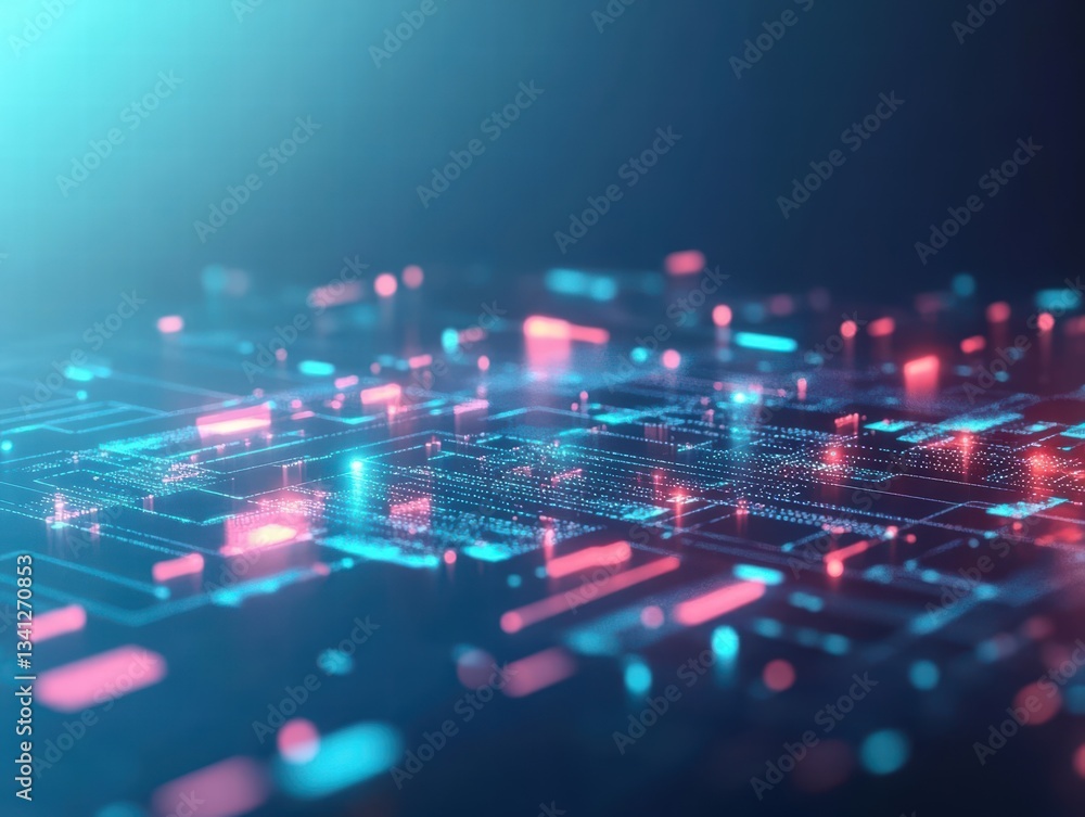 Poster Intricate circuit design with blue and pink background illustrating modern technology and data visualization concepts