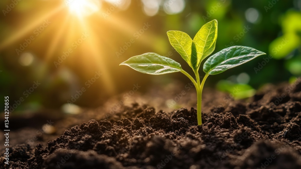 Poster a close-up of a tiny green seedling sprouting from rich, dark soil with morning sunlight shining thr