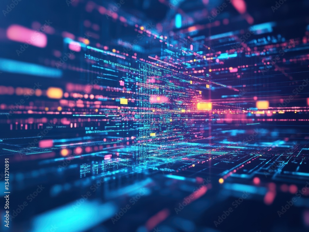 Poster futuristic digital abstract background with vivid colors and geometric shapes for use in modern tech