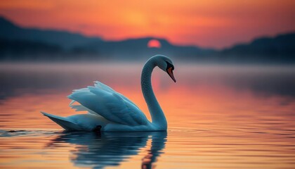 Fototapeta premium Elegant swan gracefully gliding on tranquil sunset lake, ethereal dust motes in air, artistic, serene