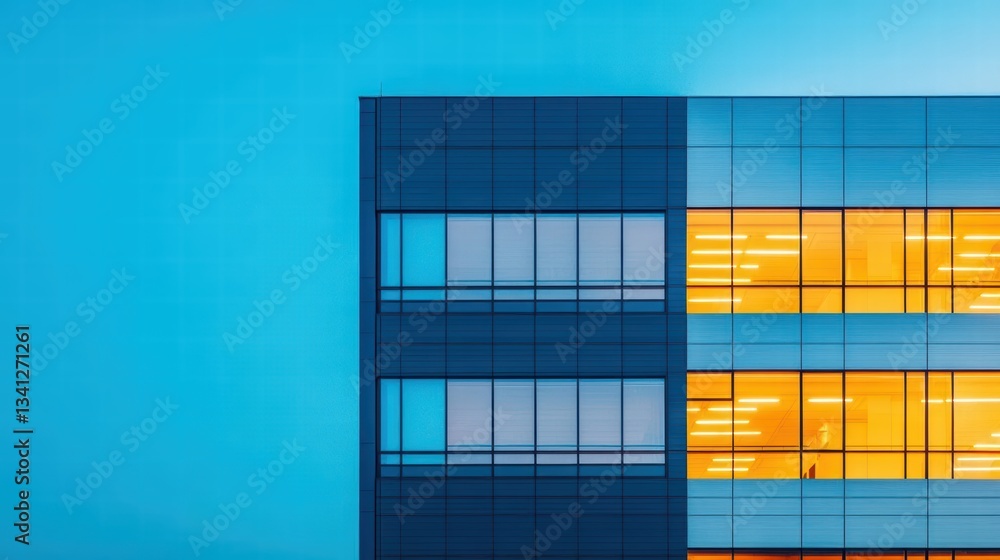 Poster Modern building illuminated by bright orange light shining through creating a stunning visual effect