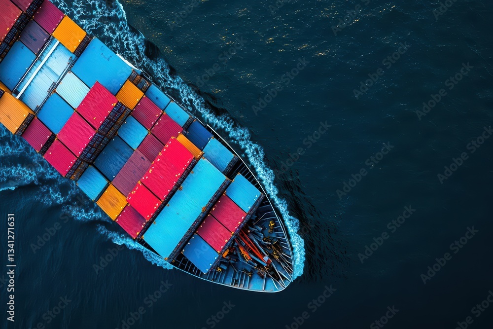 Poster Aerial top view of a container ship navigating through clear blue waters in a busy maritime environment