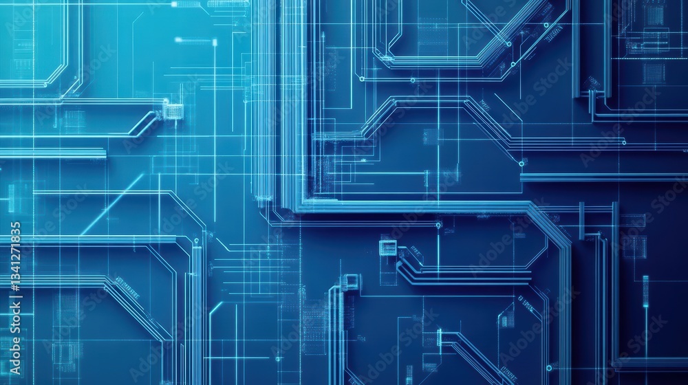 Poster Detailed aerial view of a blue circuit board featuring intricate patterns of lines and connections for technology