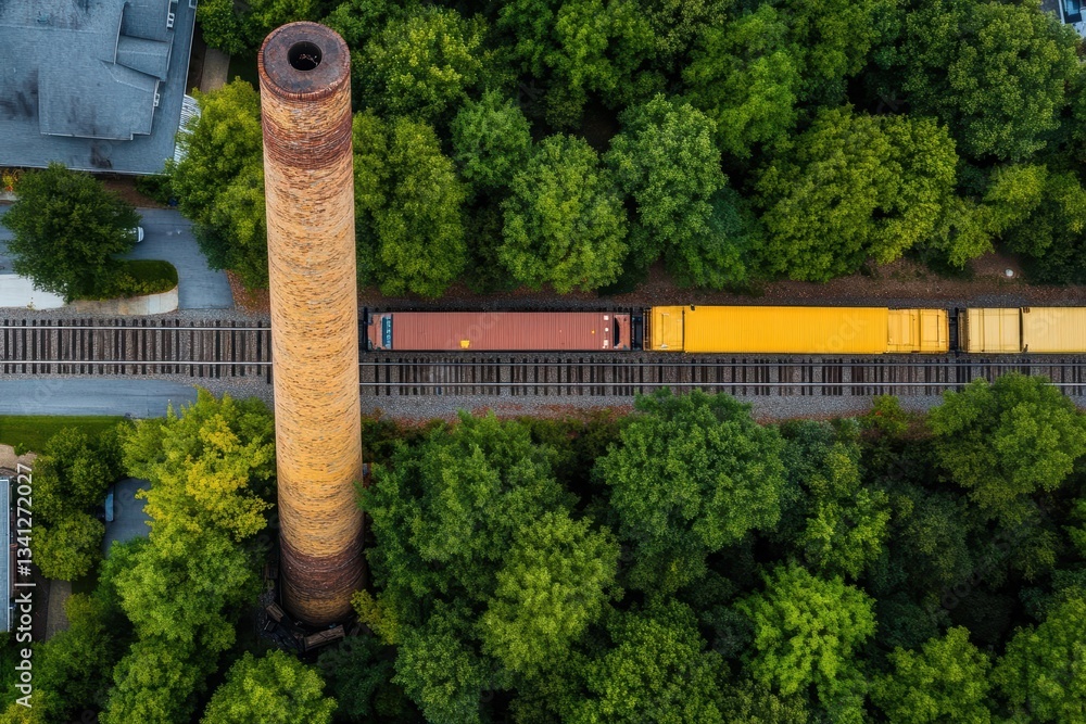 Poster Aerial view of a freight train passing by a tall tower creating a dynamic scene of transportation and architecture