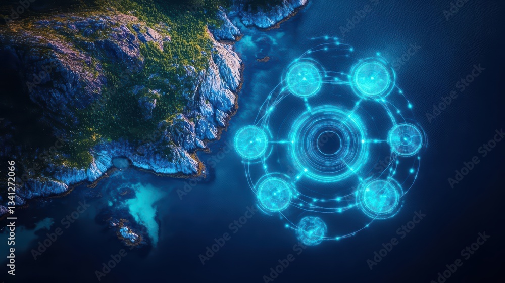 Fototapete aerial view of a blue circle with a bright circle of light in the center captured from above in a st