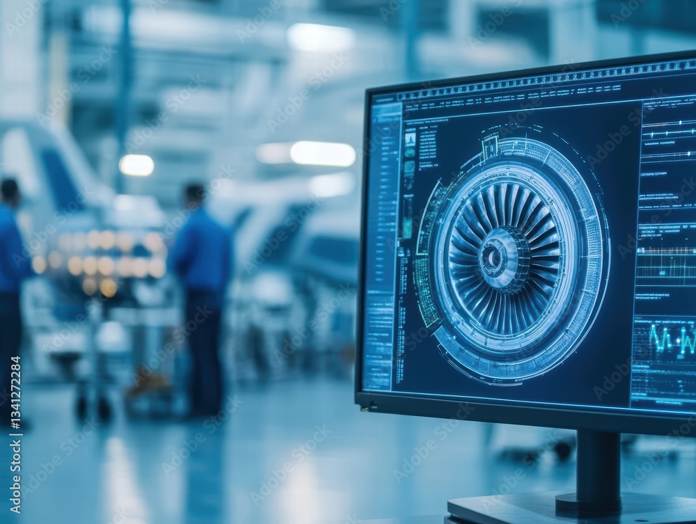 Aufkleber Computer screen displaying advanced turbine design in an aeronautics factory meeting room setting
