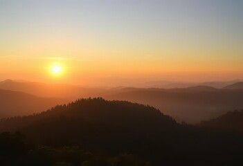 Fototapeta premium Misty sunrise over layered, forested Appalachian ridges, untouched, breathtaking