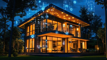 Modern smart home illuminated at night with automated technological features seamlessly integrated
