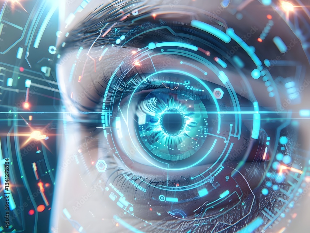 Aufkleber biometric iris scanner close up with a clean futuristic sci fi aesthetic featuring soft glowing blue