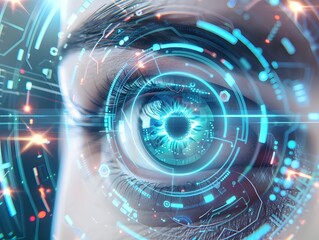 Biometric iris scanner close up with a clean futuristic sci fi aesthetic featuring soft glowing blue highlights digital scanning system high tech security and authentication technology