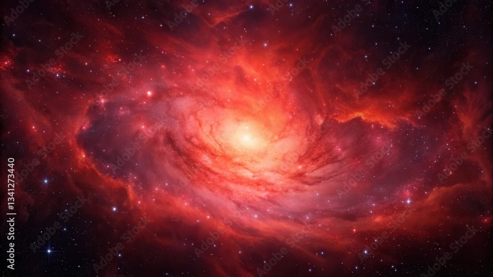 Poster vibrant cosmic swirl with red hues and stars in a deep space setting.