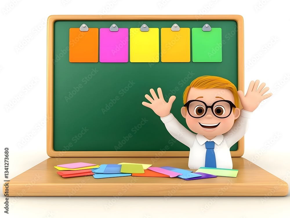 Poster cheerful 3d animated cartoon teacher character standing in front of a large board filled with vibran