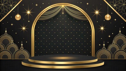 Elegant stage backdrop with gold accents and decorative patterns.