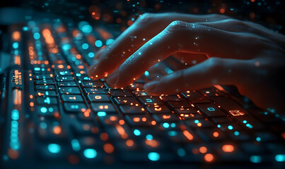 Illuminated fingers expertly navigate a keyboard, glowing keys reflecting light.  Digital energy flows