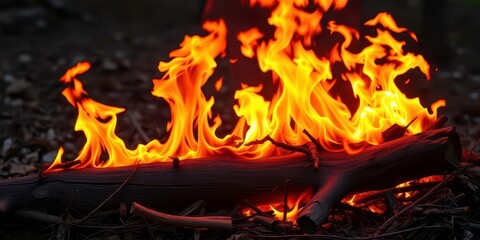 Fototapeta premium Fiery orange and yellow flames leaping and dancing, consuming dry wood, campfire, danger