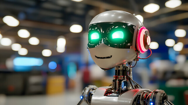 Friendly Scrap Metal Robot Portrait with Glowing Green Eyes - Powered by Adobe