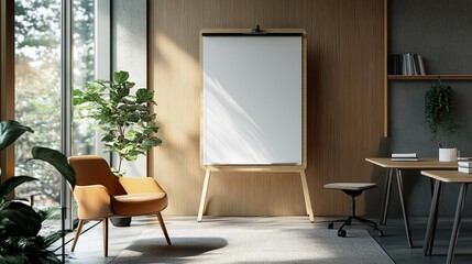 A minimalist flipchart with bold text styled in a modern office corner. background
