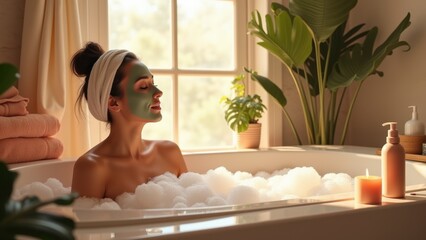 Young woman applying a face mask while sitting near a bathtub filled with bubbles, a self-care routine in a cozy bathroom, relaxed expression,  skincare products